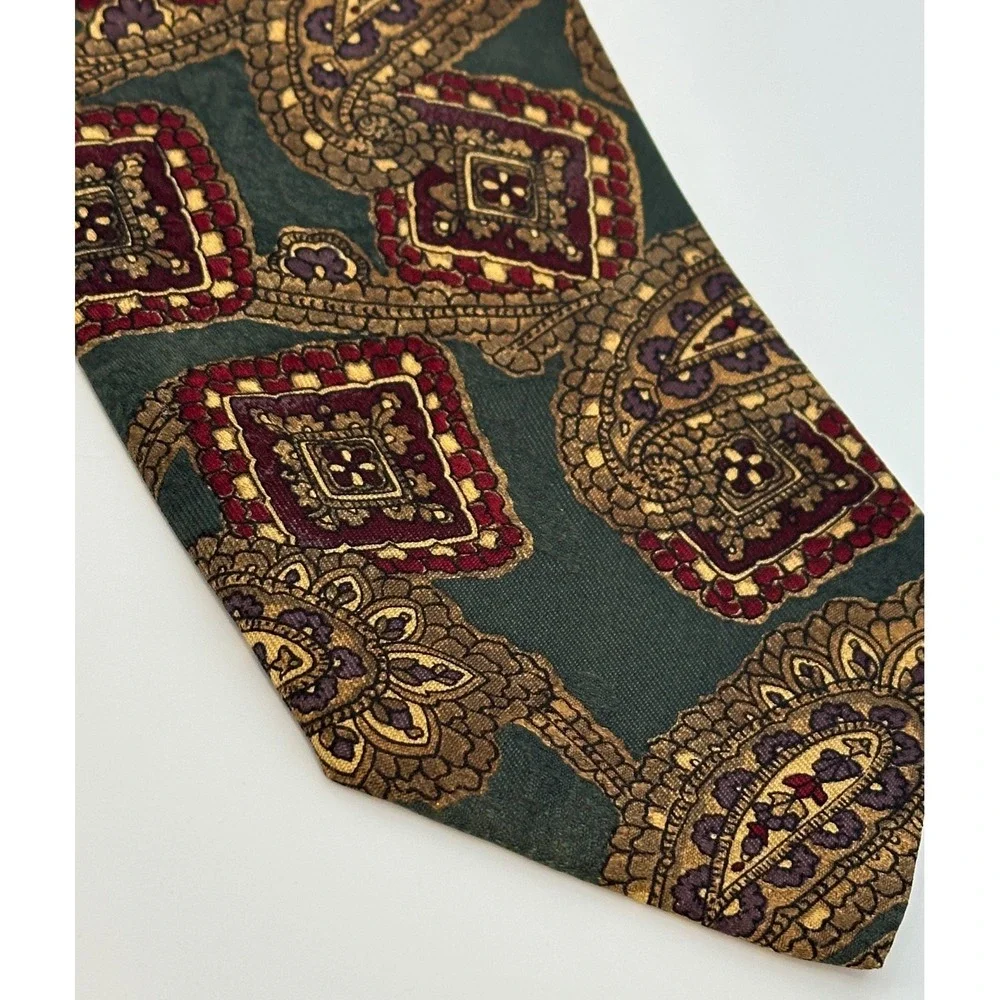 Robert Talbott Carmel Necktie Paisley Square Olive Green Burgundy‎ Silk Tie